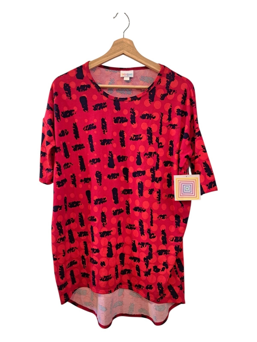 LuLaRoe Irma  Red & Black Abstract Dot Hi-Low Tunic Size XXS